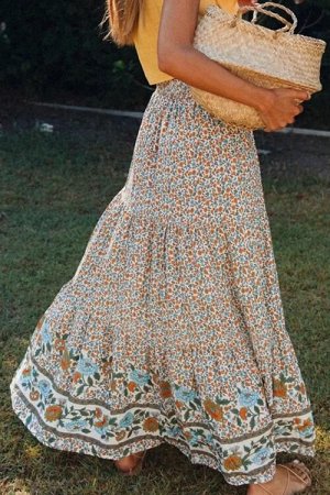 Разноцветная юбка-колокол с цветочным принтом и резинкой сверху