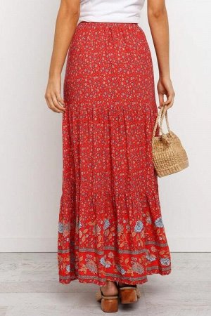 Красная юбка-колокол с цветочным принтом и резинкой сверху