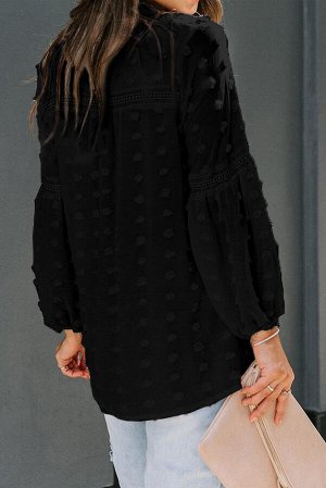 Черная кружевная блуза в горошек с пышными рукавами