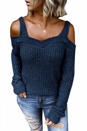 Синий вязаный свитер с открытыми плечами