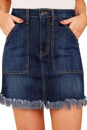 Синяя джинсовая мини юбка с большими карманами и бахромой