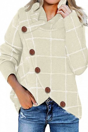 Бежевый клетчатый вязаный пуловер-кардиган с воротником-хомут и асимметричной застежкой на пуговицах
