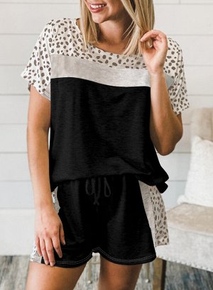 Черный пижамный комплект с леопардовыми вставками: футболка с открытым плечом + шорты