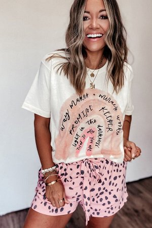 Комплект для отдыха: белая футболка с принтом радуга + розовый шорты с леопардовым принтом