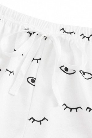 Белый комплект для отдыха с принтом "глаза": футболка с надписью: Let Me Sleep + шорты на шнуровке