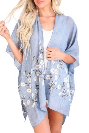 Голубая пляжная накидка-кимоно с принтом ромашки