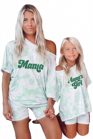 Бело-голубой комплект для отдыха: шорты и футболка с зеленой надписью: Mamа