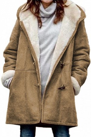 Коричневое утепленное пальто с капюшоном и карманами