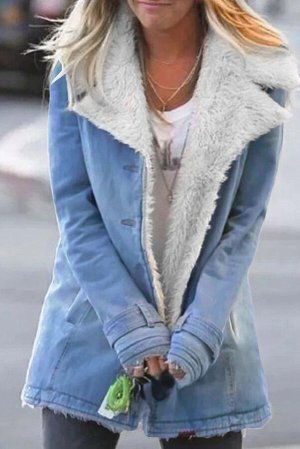 Голубое джинсовое пальто с подкладкой из шерсти с отложным воротником и лацканами