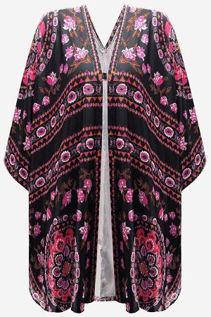 Черный распашной кардиган-кимоно с орнаментированным цветочным узором