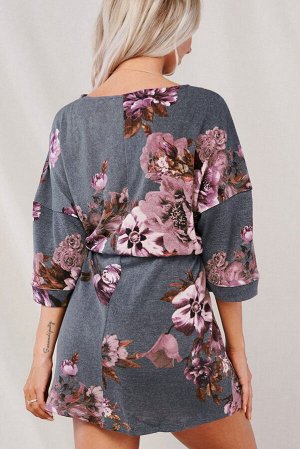 Серое платье-туника с цветочным принтом
