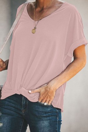Розовая свободная блуза с короткими рукавами и узлом снизу