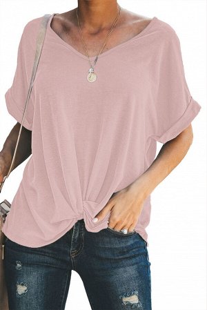 Розовая свободная блуза с короткими рукавами и узлом снизу