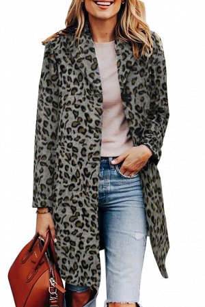 Серое леопардовое пальто с застежкой на кнопки