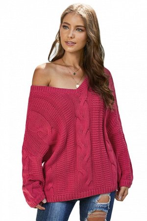 Ярко-розовый свитер крупной вязки с широким V-образным вырезом