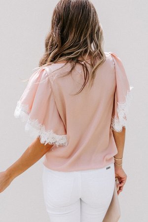 VitoRicci Розовая атласная блуза с широкими рукавами с кружевной отделкой