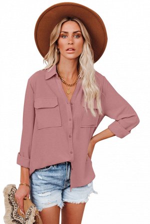 Розовая рубашка с застежкой на пуговицах с отложным воротником и карманами