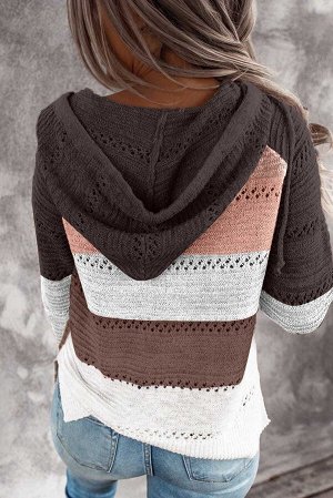 Темно-коричневое вязаное худи в разноцветную полоску