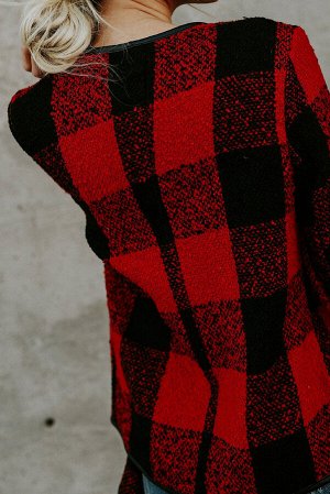 Красно-черное клетчатое асимметричное открытое пальто