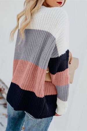 Розово-серо-белый полосатый свитер с круглым вырезом