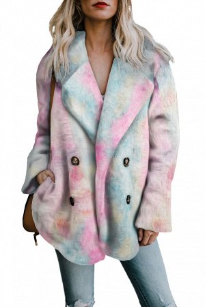 Розово-голубое флисовое открытое пальто с красочным принтом и отложным воротником