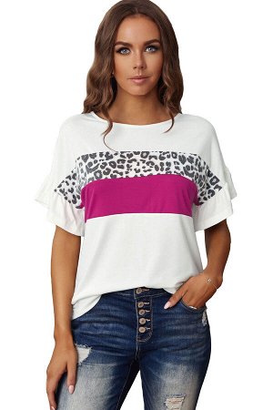 Белая футболка с розовой полосой и леопардовым принтом на груди