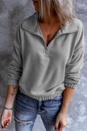 Светло-серый флисовый пуловер-свитшот с воротником с застежкой на молнии