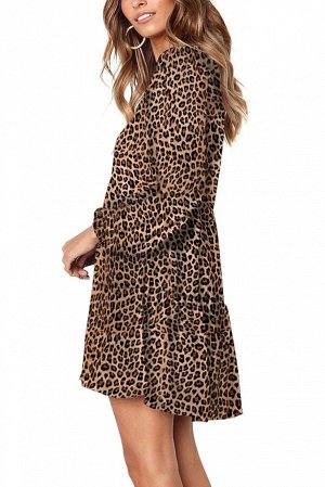 Леопардовое платье-туника с V-образным вырезом и пышными рукавами