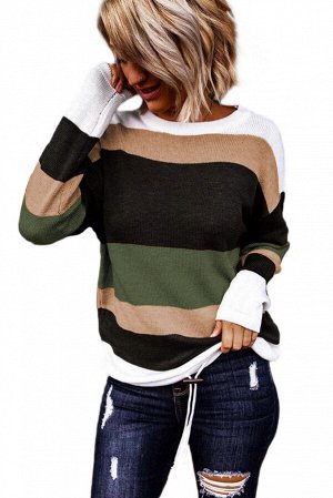 Зеленый вязаный свитер в разноцветную полоску