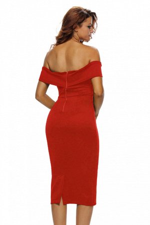 Красное платье миди с фигурным вырезом и спущенными рукавами
