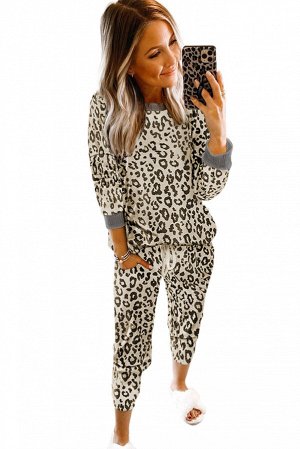 Бежевый леопардовый домашний комплект: свитшот + штаны