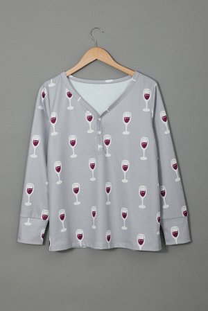 Серый домашний комплект с принтом бокалы вина: пуловер с вырезом на пуговицах + штаны