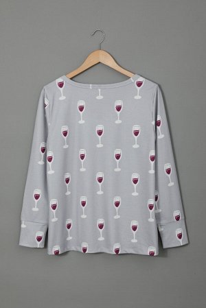 Серый домашний комплект с принтом бокалы вина: пуловер с вырезом на пуговицах + штаны