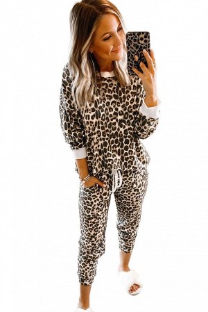 Коричневый леопардовый домашний комплект: свитшот + штаны