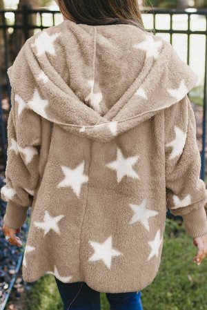 Бежевое пушистое пальто со звездами и лацканами на воротнике