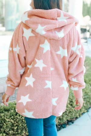 Розовое пушистое пальто со звездами и лацканами на воротнике