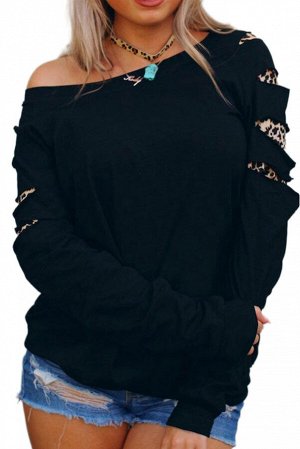 Женский свитер свитшот с разрезами и леопардовыми вставками