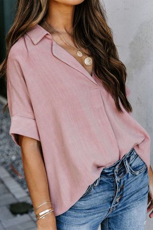 Розовая свободная рубашка с коротким рукавом