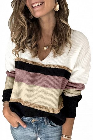Коричнево-белый свитер с разноцветными полосами и V-образным вырезом