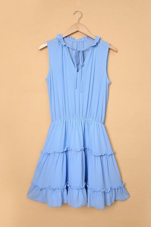 Голубое свободное мини-платье без рукавов с V-образным вырезом и оборками