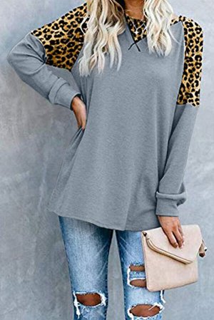 Серый пуловер-свитшот с рукавами реглан с леопардовыми вставками