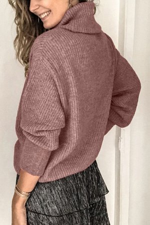 Сиреневый свитер с воротником-хомут и длинными рукавами с пуговицами