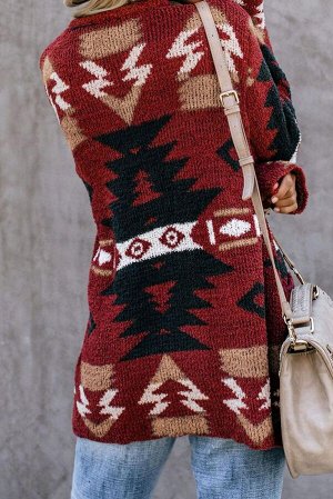 Бордовый кардиган с геометричным индейским орнаментом и карманами
