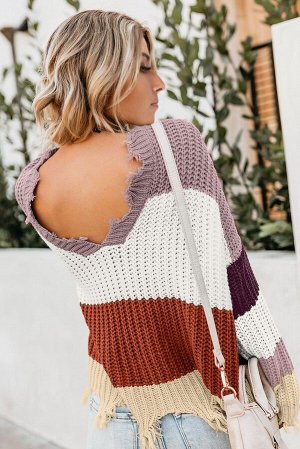 Разноцветный полосатый свитер с "рваными" краями