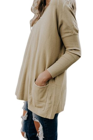 Песочный свободный свитер с накладными карманами