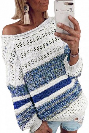 Сине-белый полосатый свободный ажурный свитер с круглым вырезом
