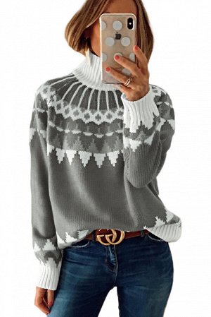 Серый вязаный свитер-водолазка с белым узором