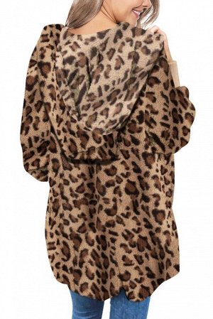 Леопардовая флисовая куртка-худи в стиле оверсайз без застежки и с карманами