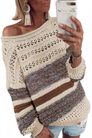 Бежево-коричневый полосатый свободный ажурный свитер с круглым вырезом