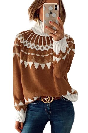 Коричневый вязаный свитер-водолазка с белым узором